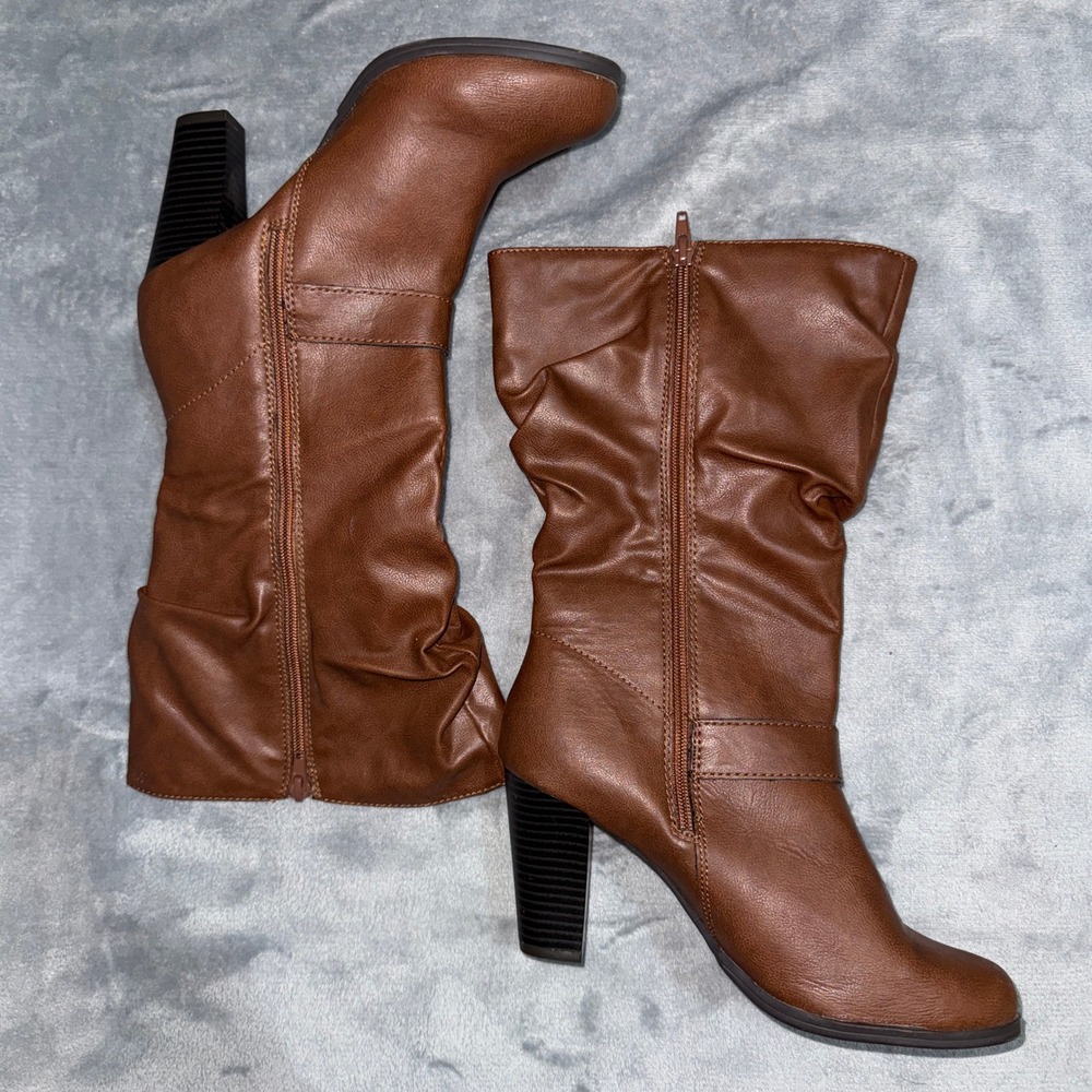 Sachi Womens WC Slouchy Mid Calf Boots 8.5 Brown Faux Leather Block Heel Buckle